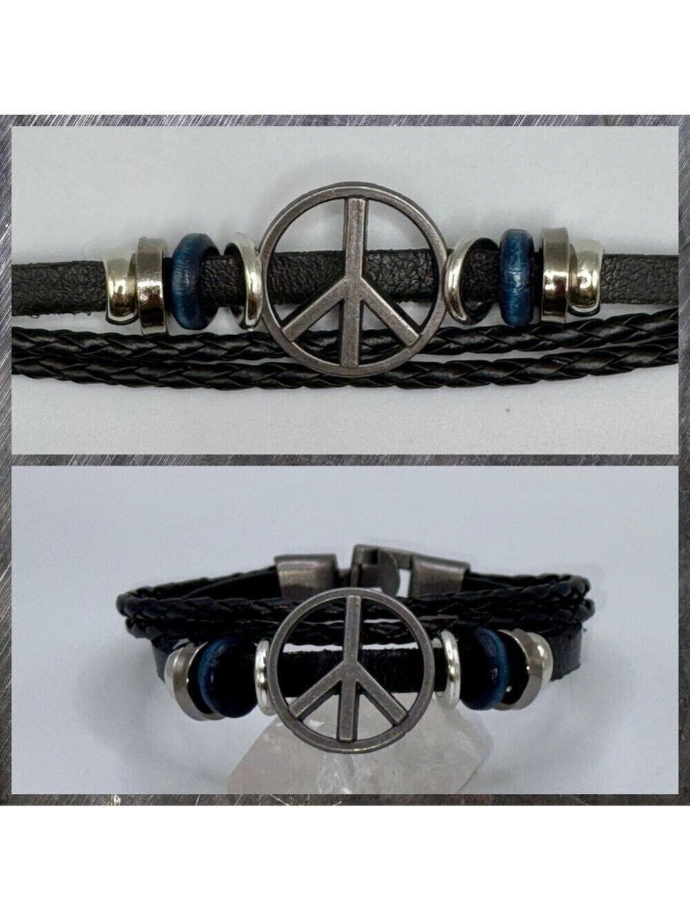 Boho Peace Sign Faux Leather Bracelet – 8” Blue and Black #1482